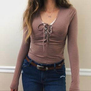 COPY - Forever 21 Lace Up Tan Long Sleeve Crop Top